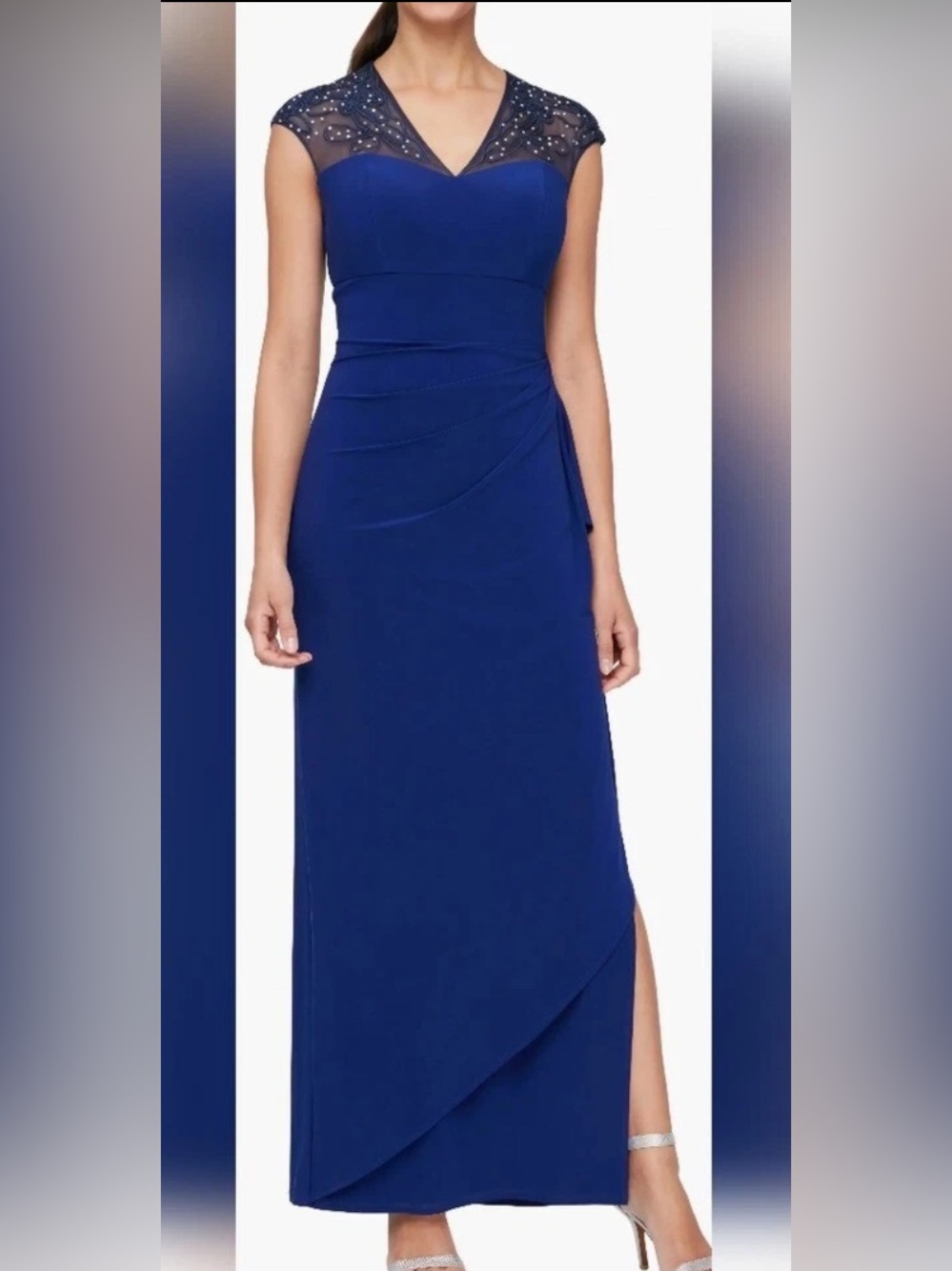Alex Evenings Royal Blue Beaded Cap-Sleeve Maxi Dress size 10p